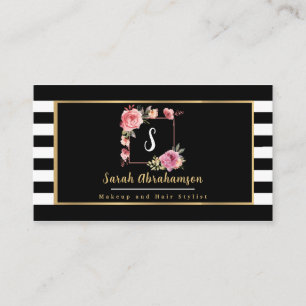 Tarjeta De Visita Moderno floral a rayas en blanco y negro