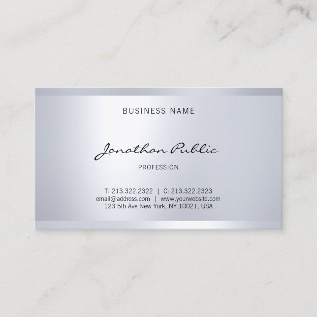 Tarjeta De Visita Moderno Glam Plain Elegante Guión de mano Plata As (Anverso)
