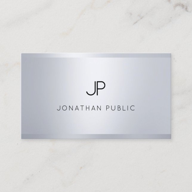 Tarjeta De Visita Moderno Glamoroso Plata Aspecto Elegante Monograma (Anverso)