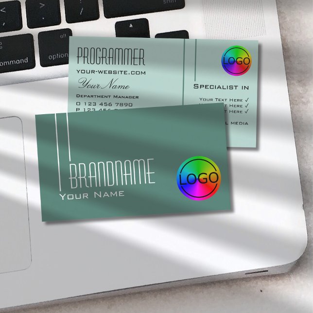 Tarjeta De Visita Moderno Guay Verde azulado de luz oscura con logot (Subido por el creador)