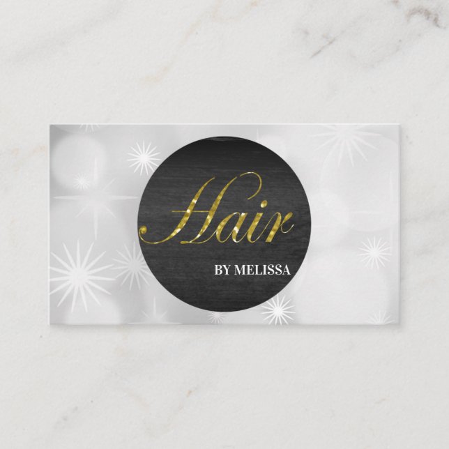 Tarjeta De Visita Moderno Hair Stylist Black Circle Silver Dots (Anverso)