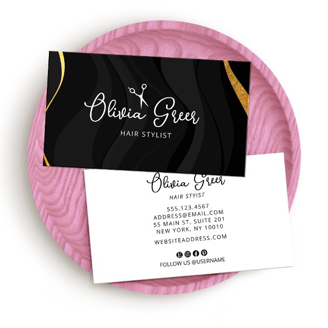 Tarjeta De Visita Moderno Hair Stylist Black Gold Script (Subido por el creador)
