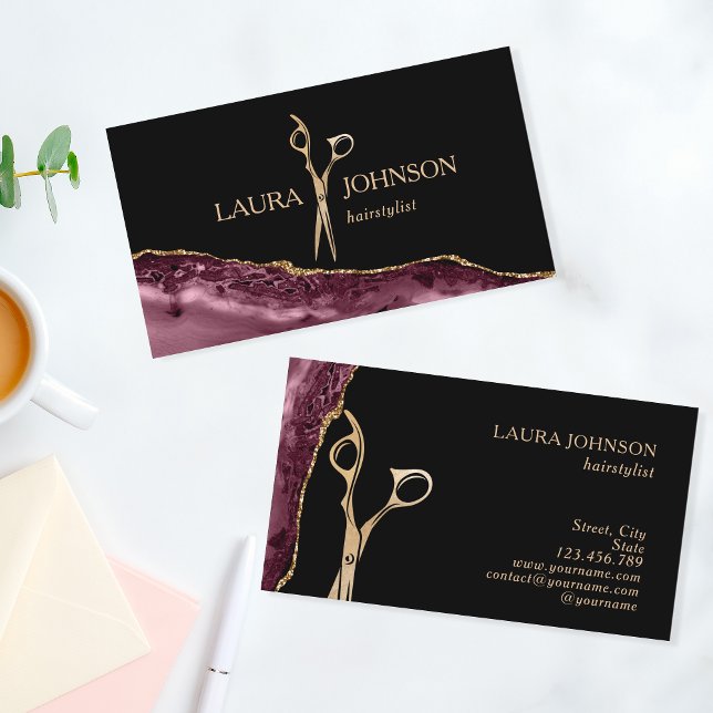Tarjeta De Visita Moderno Hair Stylist Gold Scissors Burgundy Agate (Subido por el creador)