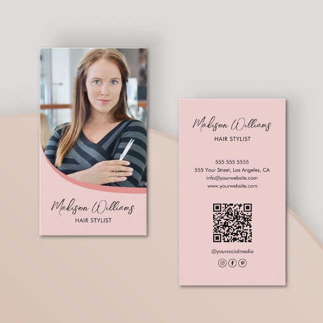 Tarjeta De Visita Moderno Hair Stylist Photo QR Pink (Modern Hair Stylist Photo QR Pink Business Card)