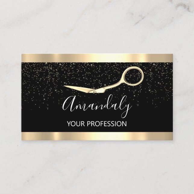 Tarjeta De Visita Moderno Hairdresser Golden Confetti Scissors (Anverso)