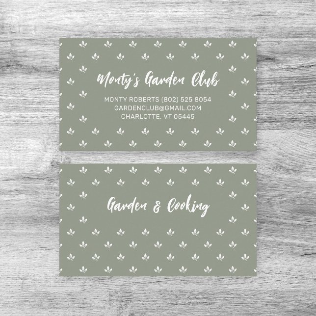 Tarjeta De Visita Moderno Hand Sketched Custom Name Gardener | (Gardener calling card template with white leaf pattern design on dusky green background.)
