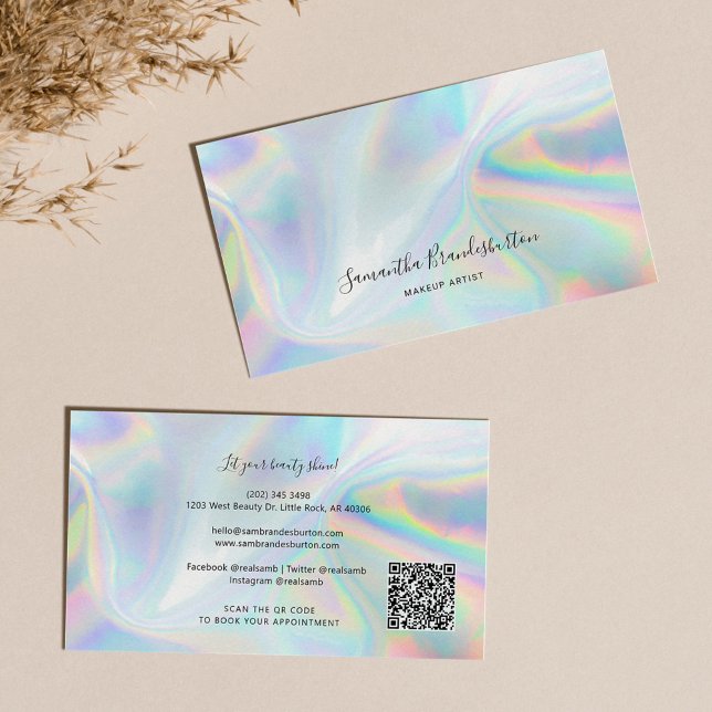 Tarjeta De Visita Moderno Holográfico Código QR Belticista (Modern Makeup Artist Holographic Business Card)