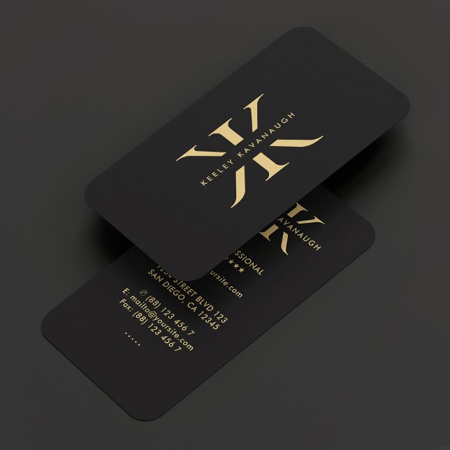 Tarjeta De Visita Moderno K Monograma profesional Black Faux Gold (Modern K Monogram Professional Black Faux Gold Business Card
)