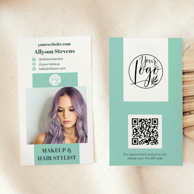 Tarjeta De Visita Moderno maquillaje turquesa foto foto código qr lo (Modern turquoise makeup hair photo qr code logo business card)