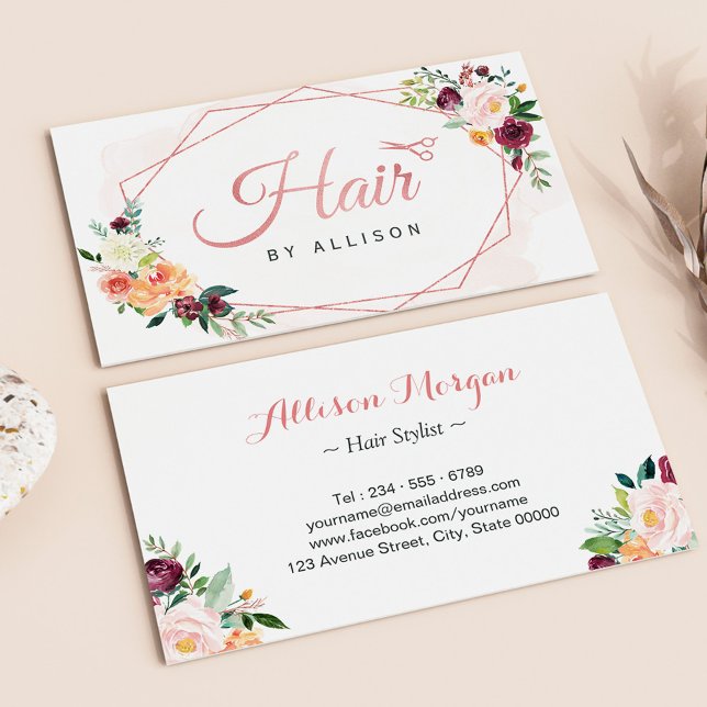 Tarjeta De Visita Moderno Marco Geométrico Floral Hair Stylist (Subido por el creador)