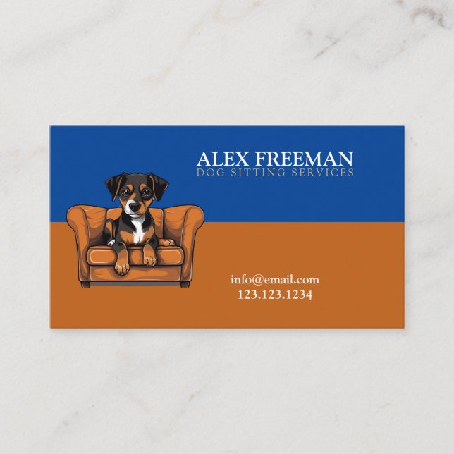 Tarjeta De Visita Moderno, marrón y azul sofa, sentado de perro pica (Anverso)