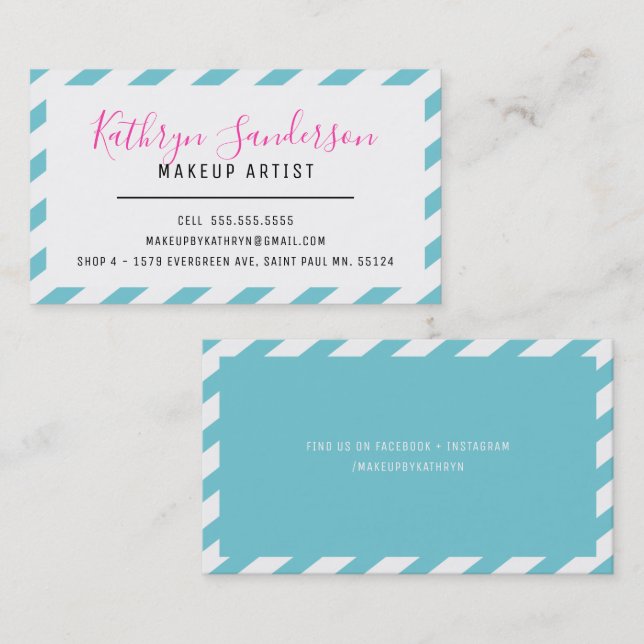 Tarjeta De Visita MODERNO MINIMAL BORDE turquesa azul rosa blanco (Anverso / Reverso)