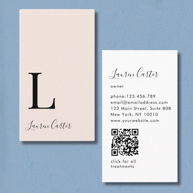 Tarjeta De Visita Moderno Mínimo Monograma Beige Código QR (Modern Minimal Monogram Beige QR Code Business Card)