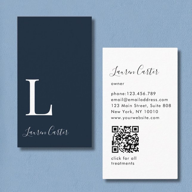 Tarjeta De Visita Moderno Monograma mínimo Código QR azul oscuro (Modern Minimal Monogram Blue QR Code Business Card)