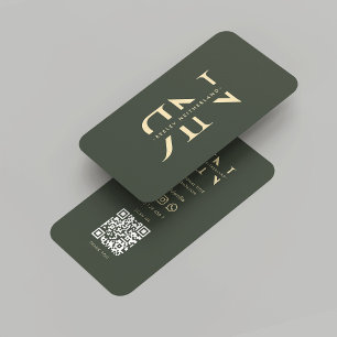 Tarjeta De Visita Moderno Monograma Oscuro Oro Verde Iniciales