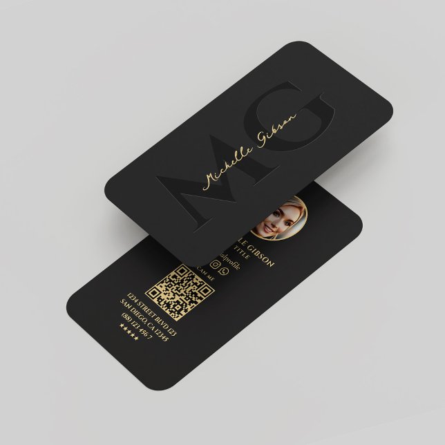 Tarjeta De Visita Moderno Monograma Profesional Elegante Foto Negra (Modern Monogram Professional Elegant Black Gold Business Card
)