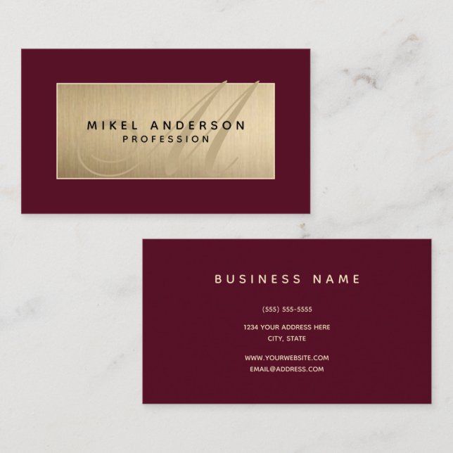 Tarjeta De Visita Moderno Monograma Profesional Gold & Burgundy (Anverso / Reverso)