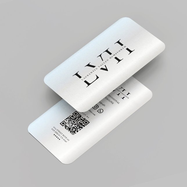 Tarjeta De Visita Moderno Monograma Profesional Iniciales Plata (Modern Monogram Professional Marketing Executive Initials Elegant Silver QR Code Business Card)