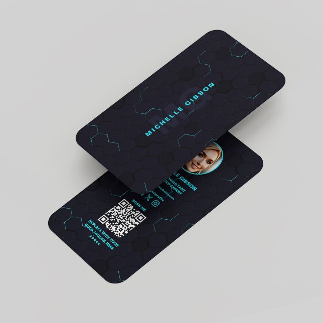 Tarjeta De Visita Moderno Monograma Profesional Tech Oscuro Neon Blu (Modern Monogram Professional Tech Dark Neon Blue Business Card
)