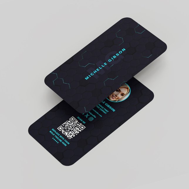 Tarjeta De Visita Moderno Monograma Tech Profesional Oscuro Neon Blu (Modern Monogram Professional Tech Dark Neon Blue Business Card
)