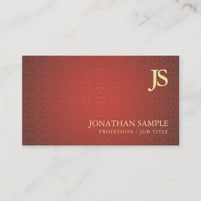 Tarjeta De Visita Moderno Monogrammed Red Gold Damask Plain Luxury (Anverso)