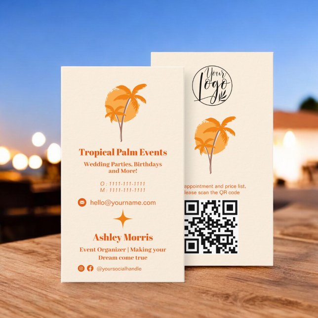 Tarjeta De Visita Moderno naranja organizador de eventos foto logoti (Modern orange event planner photo qr code logo business card)