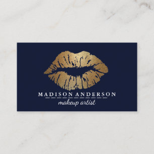 Tarjeta De Visita Moderno Navy Blue Salon Gold Lips Artis de maquill