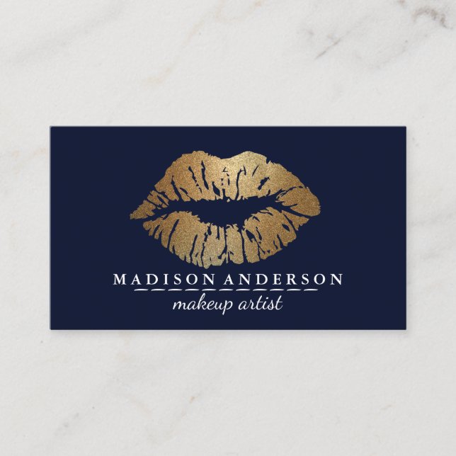 Tarjeta De Visita Moderno Navy Blue Salon Gold Lips Artis de maquill (Anverso)