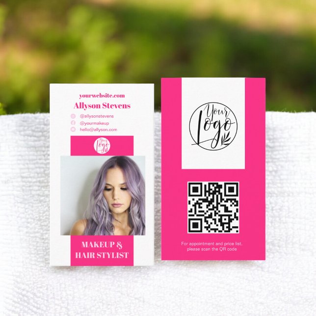 Tarjeta De Visita Moderno neón maquillaje rosa pelo foto código qr l (Modern neon pink makeup hair photo qr code logo business card)