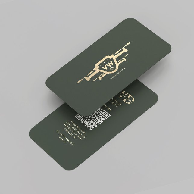 Tarjeta De Visita Moderno piloto de drones monograma oro verde (Modern Drone Pilot Monogram Green Gold Professional Elegant Business Card
)