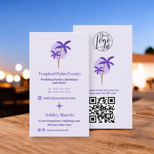 Tarjeta De Visita Moderno planificador de eventos de lavanda foto lo (Modern lavender event planner photo qr code logo business card)