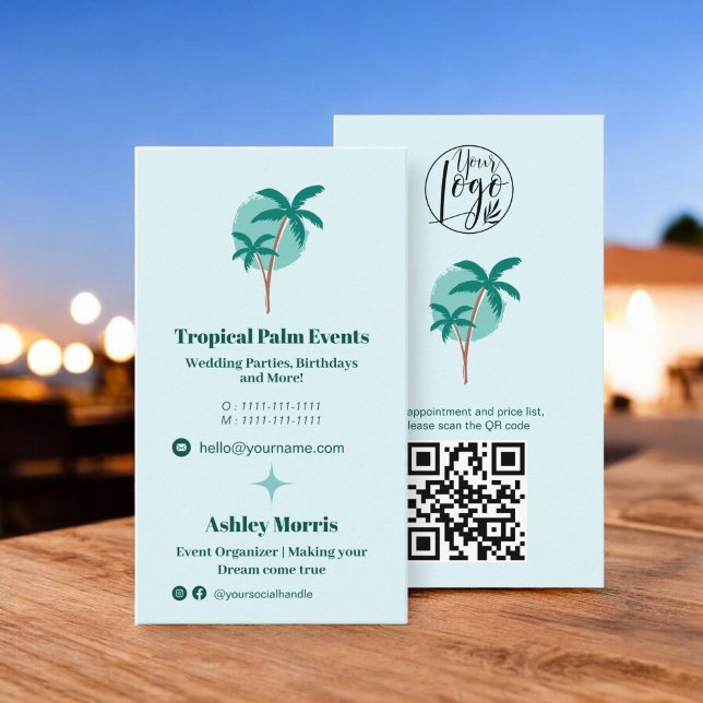 Tarjeta De Visita Moderno planificador de eventos verde azulado foto (Modern teal event planner photo qr code logo business card)