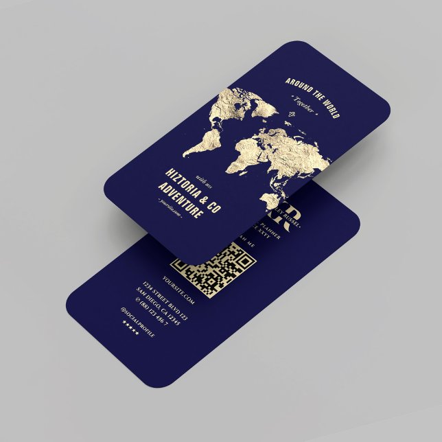 Tarjeta De Visita Moderno planificador de viajes Midnight Blue Gold  (Modern Travel Planner Midnight Blue Gold World Map Professional Travel Agency Business Card
)
