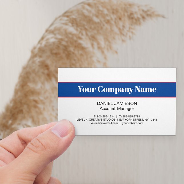 Tarjeta De Visita Moderno profesional simple rojo y azul (Horizontal Business Card with bold company title in red white and blue)