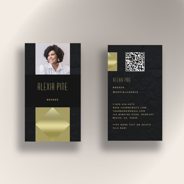 Tarjeta De Visita Moderno profesional Sleek Black Gold Photo QR Code (real estate photo business card black gold elegant qr code modern professional broker agent minimal)