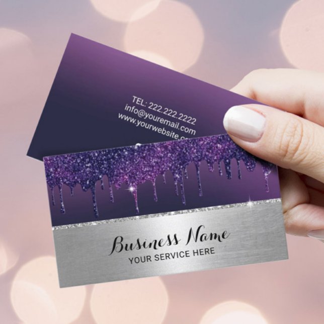 Tarjeta De Visita Moderno Purple Dris Silver Border Beauty Salon SPA (Subido por el creador)