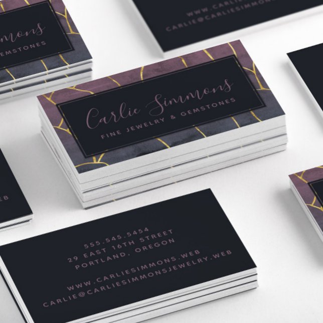 Tarjeta De Visita Moderno Purple Gold Profesional (Stacked Chic Purple & Gold Abstract Art Professional Business Card—Front & Back)