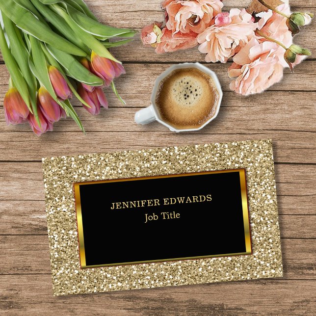 Tarjeta De Visita Moderno Purpurina dorado profesional elegante (Modern Gold Glitter, black gold frame, stylish professional Business Card.)