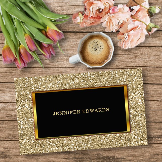Tarjeta De Visita Moderno Purpurina dorado profesional elegante (Modern Gold golden Glitter, black gold frame, stylish professional Business Card.)