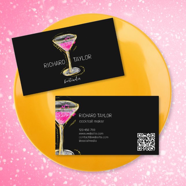 Tarjeta De Visita Moderno Purpurina Martini Bartender Cocktail Waite (pink cocktail in martini glass with gold glitter, hand drawn)