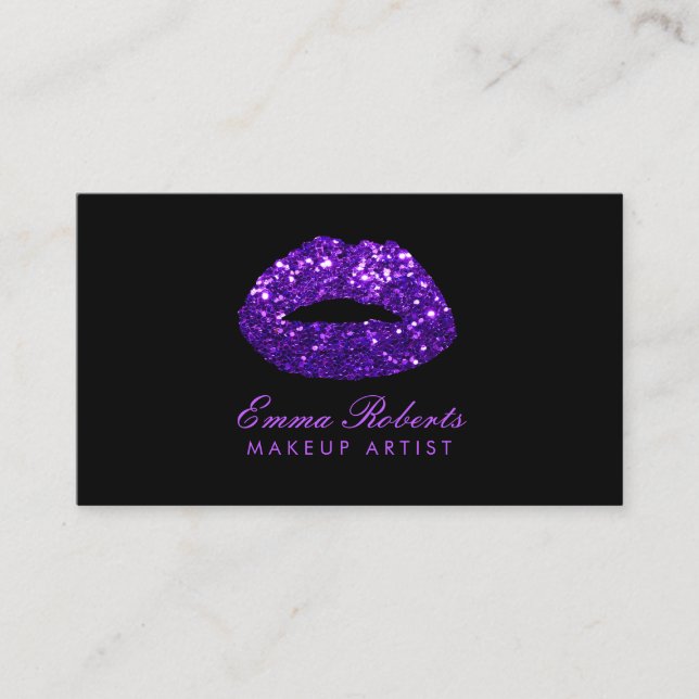Tarjeta De Visita Moderno Purpurina morado Lips artista de maquillaj (Anverso)