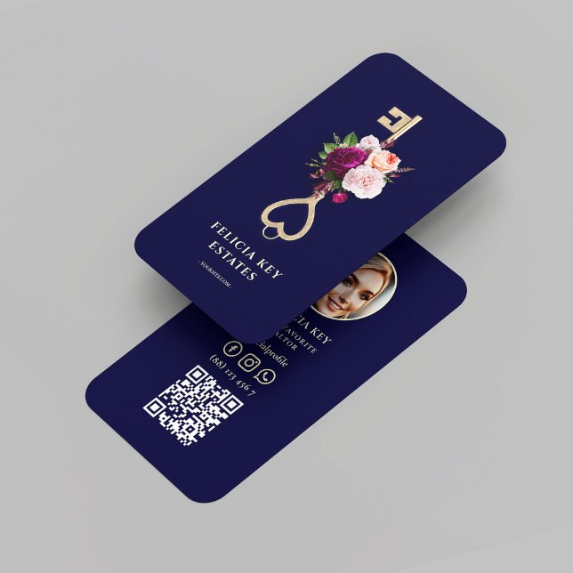 Tarjeta De Visita Moderno realtor azul medianoche Floral Key Photo (Modern Midnight Blue Realtor Floral Key Photo Business Card
)