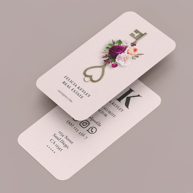 Tarjeta De Visita Moderno realtor Floral Key Mortgage Broker Pink (Modern Realtor Floral Monogram Real Estate Agent B Business Card
)