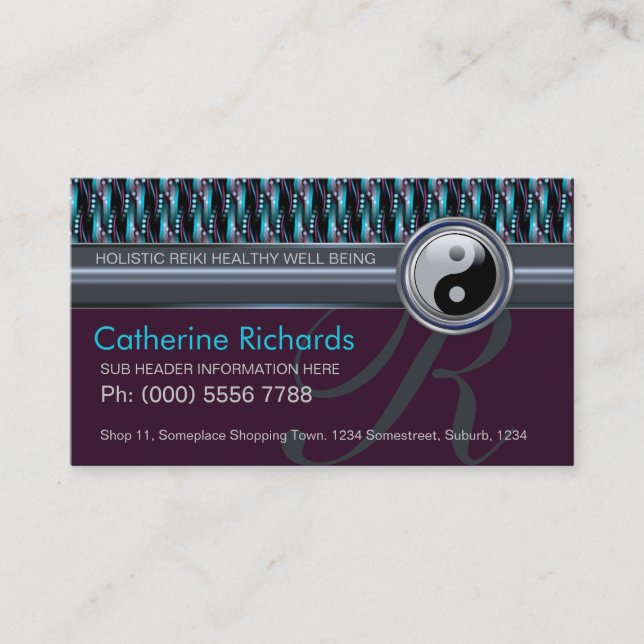 Tarjeta De Visita Moderno Reiki YinYang Verde azulado+Plum Sparkle P (Anverso)