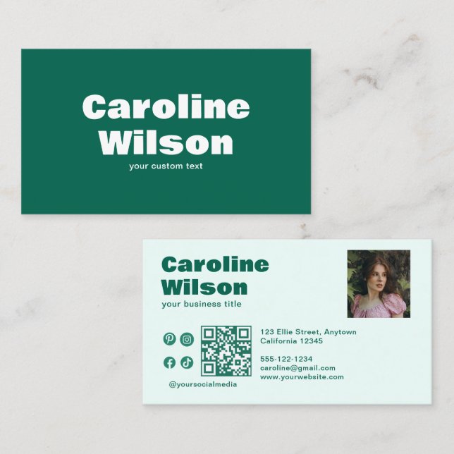 Tarjeta De Visita Moderno retro Emerald Professional Photo QR Code (Anverso / Reverso)