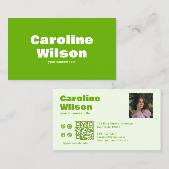 Tarjeta De Visita Moderno Retro Lime Green Photo QR Code (Anverso / Reverso)