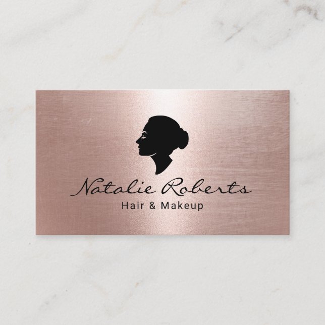 Tarjeta De Visita Moderno Rosa Chica Gold Head Logo Salón de belleza (Anverso)