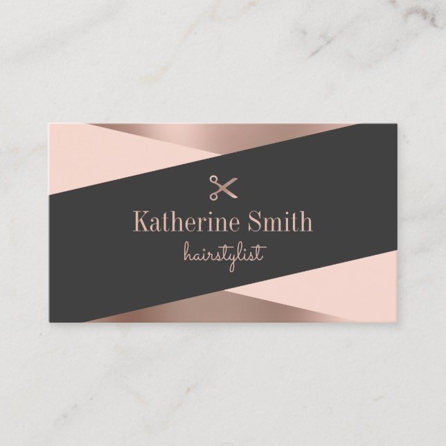 Tarjeta De Visita Moderno rosa de oro y tijeras negras peluquero (Anverso)