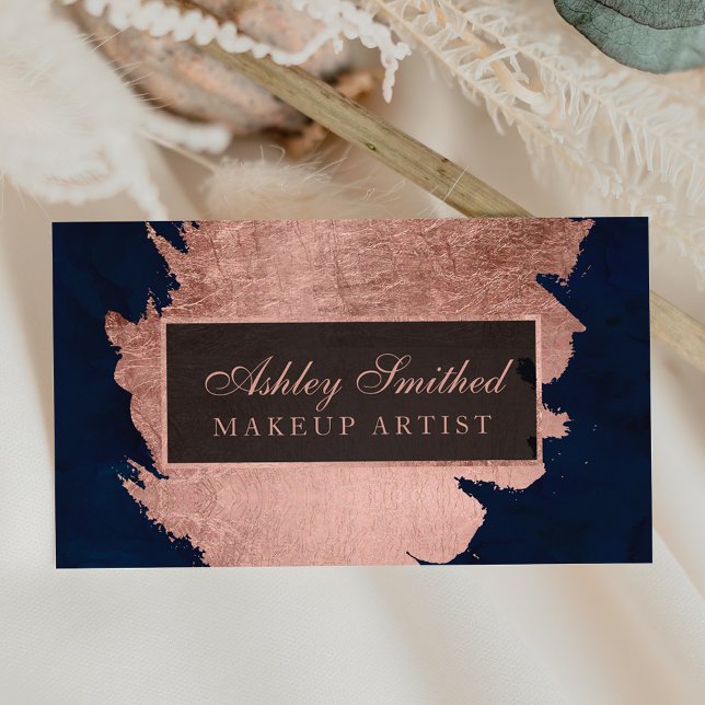 Tarjeta De Visita Moderno rosa dorado pincelada maquillaje azul mari (Subido por el creador)