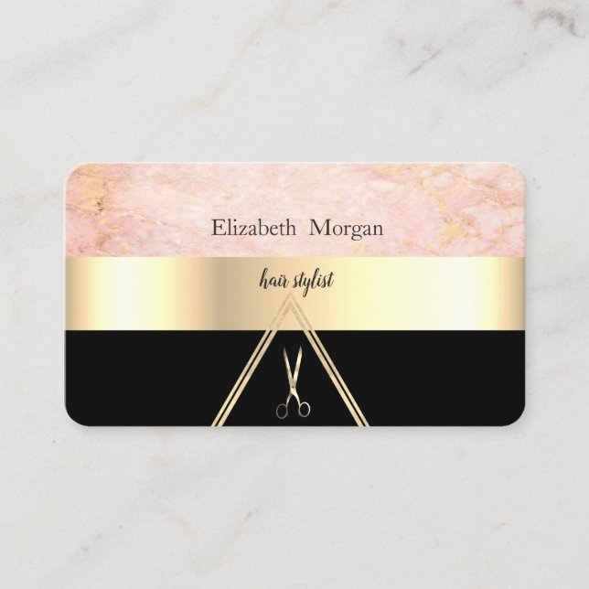 Tarjeta De Visita Moderno Rosa elegante Marble Negro, Oro, tijeras (Anverso)